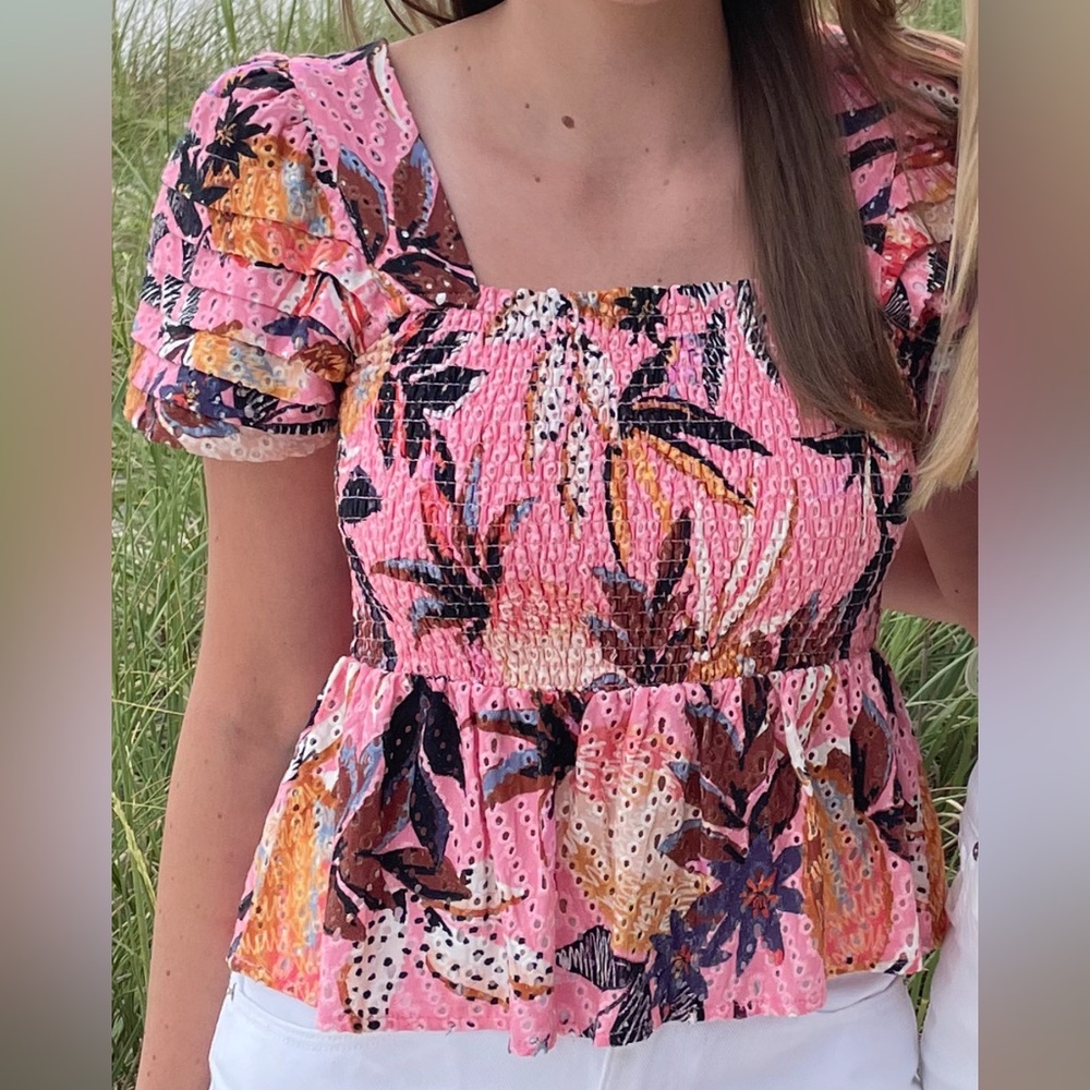 Farm Rio Smocked Eyelet Blouse
